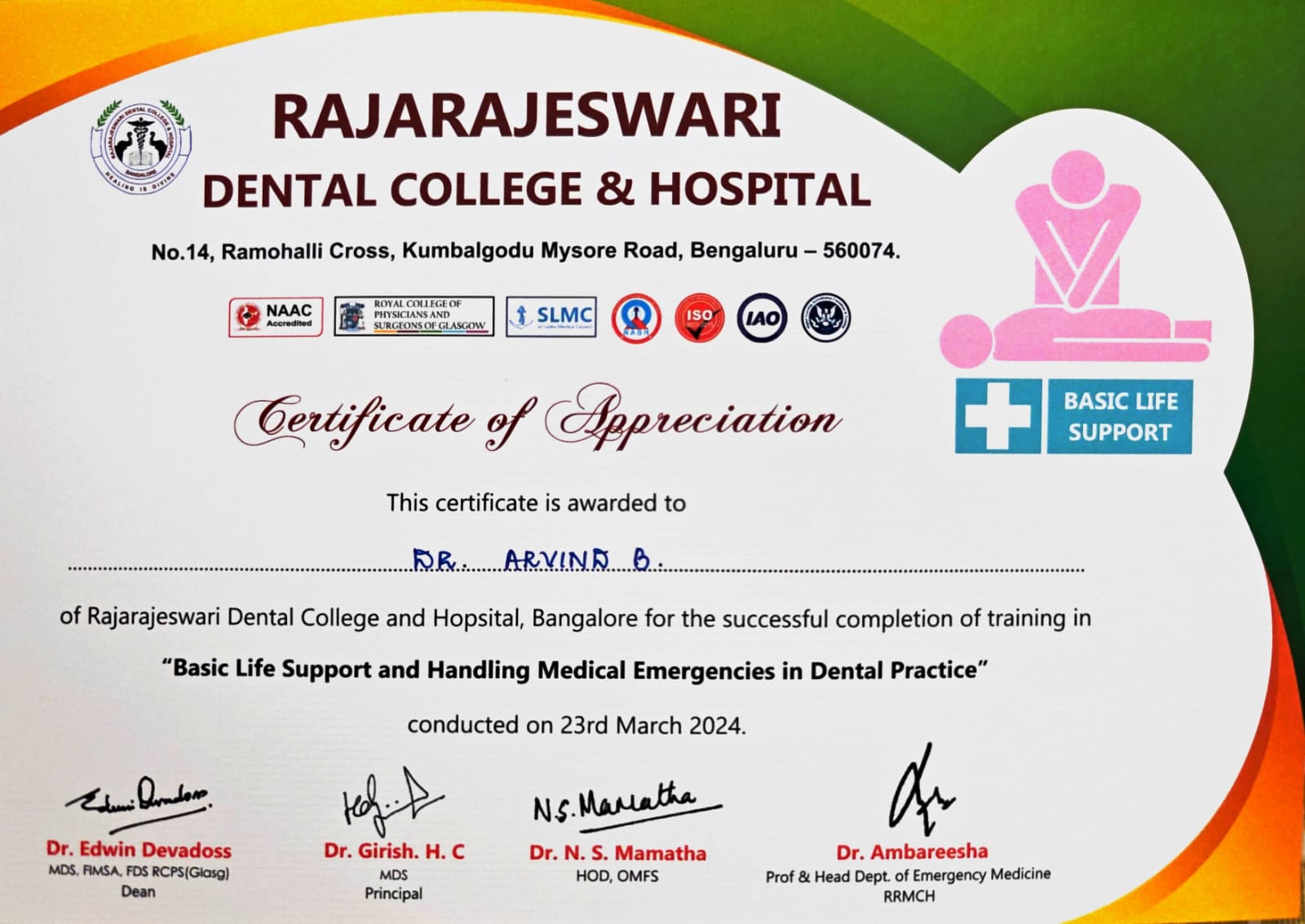 Basic Life Support Certificate - Rajarajeswari Dental College