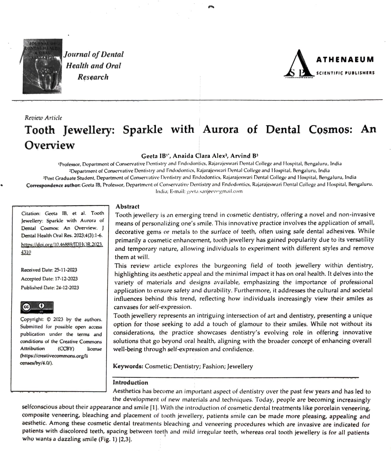 Published research paper - Journal of Dental Health and Oral Research